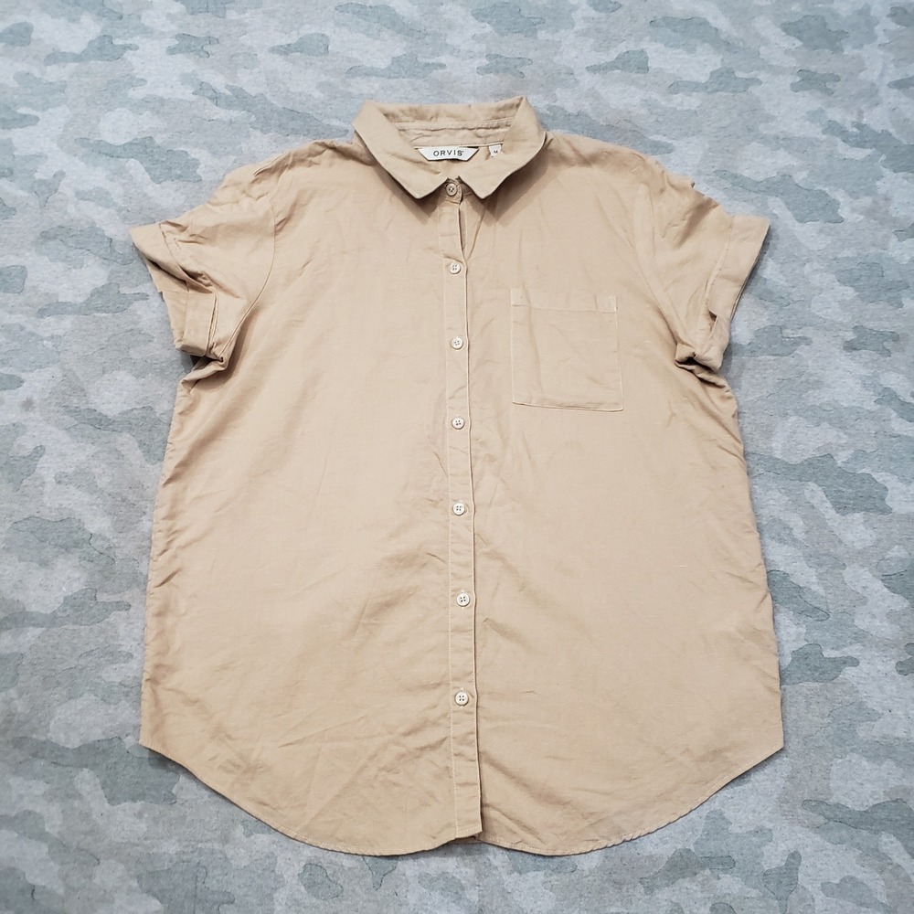 Orvis Top Womens Medium Tan Linen Blend Short Sleeve Button-Up